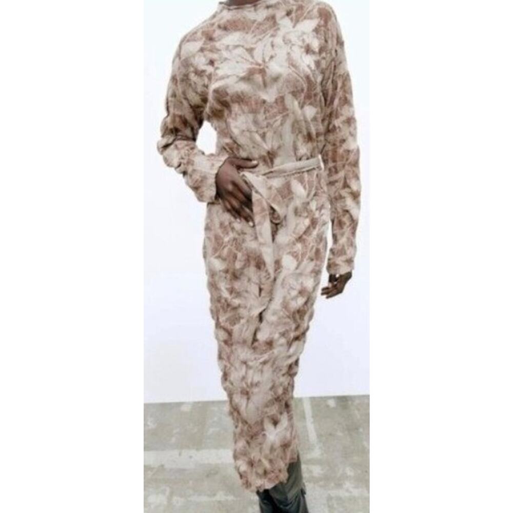 Zara Floral Midi Dress Sz Large Long Mock‎ Neck Party Career Belt